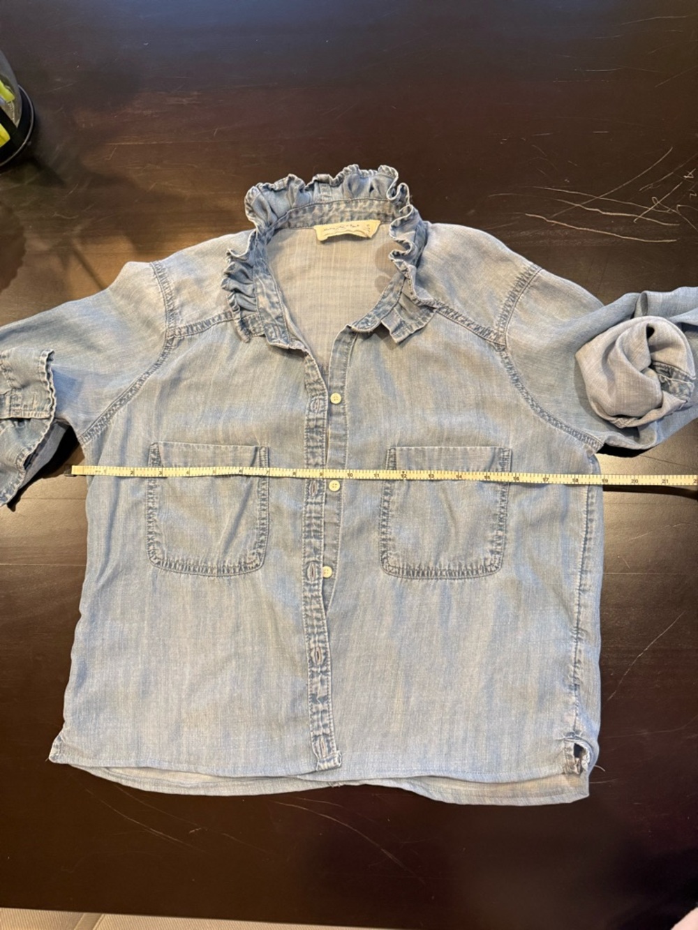 One of a kind upcycled denim shirt with ruffle collar